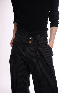 Black pinstripe pants with a collar waist line